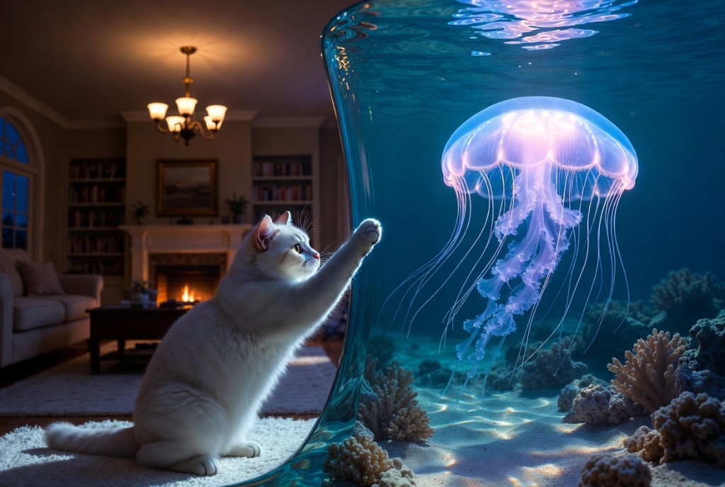 A white cat reaching toward a glowing jellyfish across a quiet divide.
